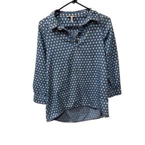 Blue Polka Dot Girls Button-Up Collared Shirt tunic With 3/4 Sleeves Size 14